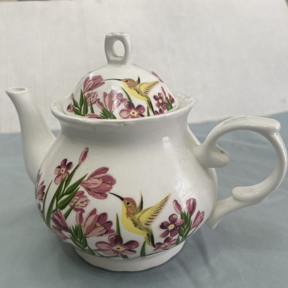 Vintage Floral Freesia Ceramic Hummingbird Teapot